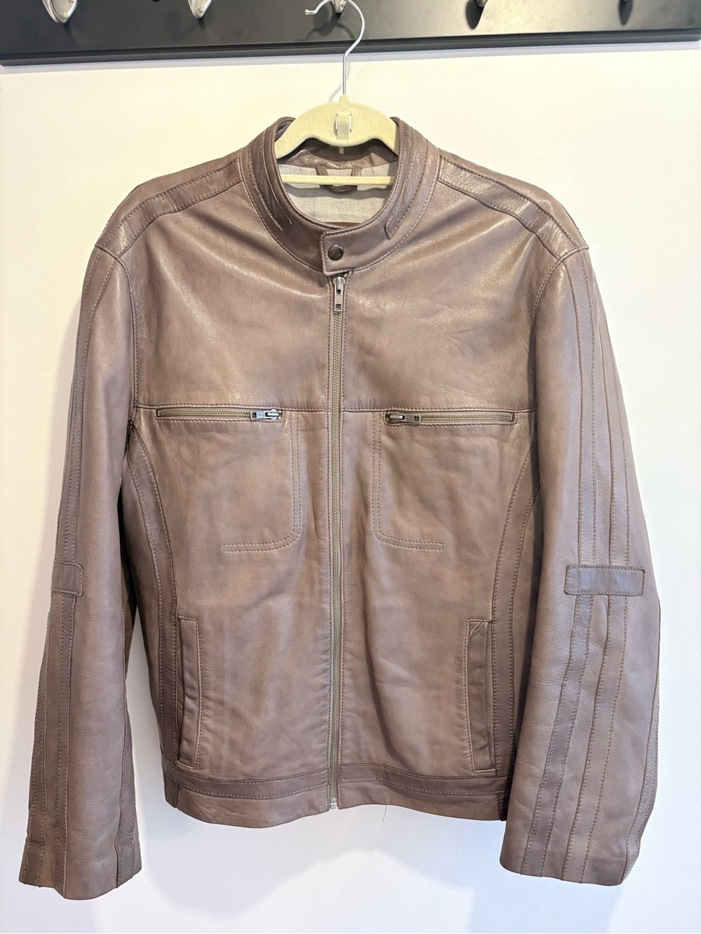 Danier Taupe Leather Bomber Jacket with Zip Pockets